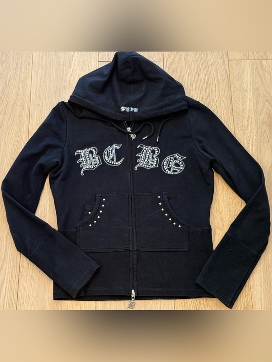 BCBGMaxAzria Tops - NWOT BCBG Rhinestone Gothic Logo Zip Hoodie Size M Y2K Vintage Streetwear 2000